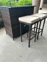 Load image into Gallery viewer, NEW Woven Outdoor Bar with Glass Top and Shelf & Two Stools with Light Tan Cushions