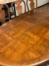 Load image into Gallery viewer, Oval Parquet Top Dining Table, Three 20" Leaves & Pads, 2 Arm and 6 Side Black Upholstered Chairs from Henredon Furniture