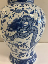 Load image into Gallery viewer, Large Blue & White Porcelain Ginger Jar with Dragon & Floral Pattern from Chelsea House