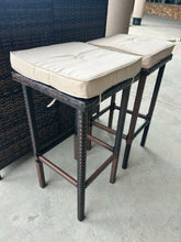 Load image into Gallery viewer, NEW Woven Outdoor Bar with Glass Top and Shelf & Two Stools with Light Tan Cushions
