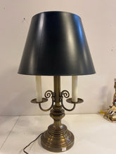 Load image into Gallery viewer, Brass Three Candlestick Table Lamp with Black Shade
