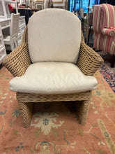 Load image into Gallery viewer, Rounded Back Rattan Armchair wth Cream Herringbone Upholstery
