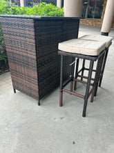 Load image into Gallery viewer, NEW Woven Outdoor Bar with Glass Top and Shelf & Two Stools with Light Tan Cushions