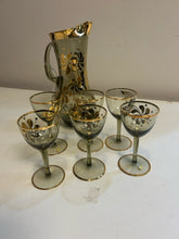 Load image into Gallery viewer, MCM Smoked Glass Pitcher & 6 Glasses with  Gold Detailing made in Hungary
