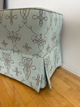 Load image into Gallery viewer, Custom Upholstered Sea Foam Green Bench on Wheels