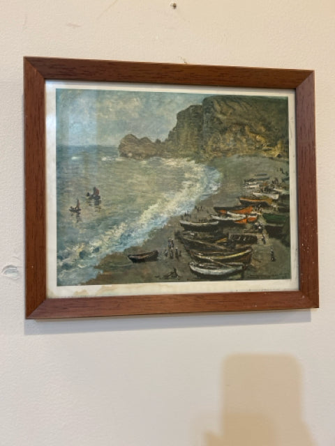 Vintage Art Print of Boats on Shoreline, signed