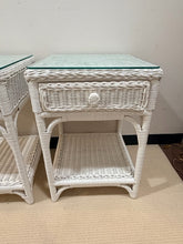 Load image into Gallery viewer, Pair of White Wicker Nightstands with Glass Tops