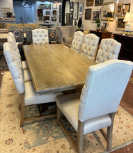Load image into Gallery viewer, Double Pedestal Dining Table in Seadrift Finish with One 18" Leaf & 8 Tufted Back Side Chairs from Pottery Barn