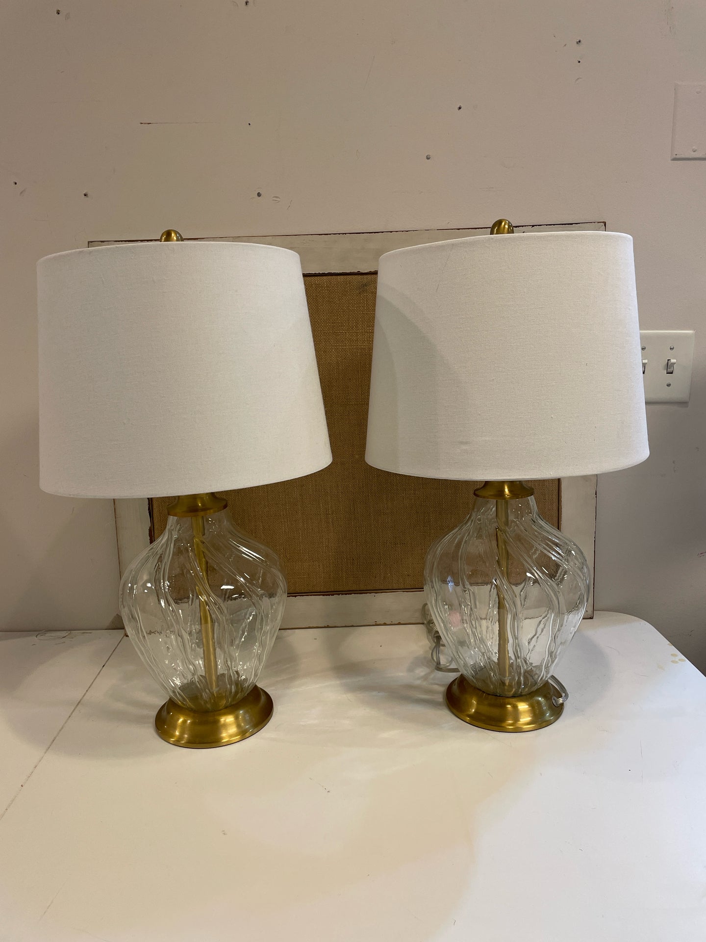 Pair of Glass Lamps with Gold Base