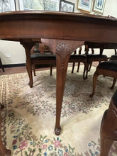 Load image into Gallery viewer, Oval Parquet Top Dining Table, Three 20" Leaves & Pads, 2 Arm and 6 Side Black Upholstered Chairs from Henredon Furniture