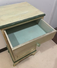 Load image into Gallery viewer, Vintage Shabby Chic Side Table/Cabinet on Casters with Green Detailing