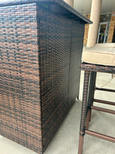 Load image into Gallery viewer, NEW Woven Outdoor Bar with Glass Top and Shelf & Two Stools with Light Tan Cushions