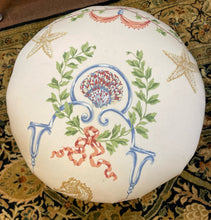 Load image into Gallery viewer, Upholstered Foot Stool with Carved Wood Base