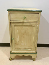 Load image into Gallery viewer, Vintage Shabby Chic Side Table/Cabinet on Casters with Green Detailing