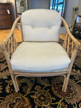 Load image into Gallery viewer, Blonde Rattan Armchair with Cream Herringbone Upholstery