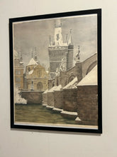 Load image into Gallery viewer, Framed Watercolor Charles Bridge in Prague Covered in Snow