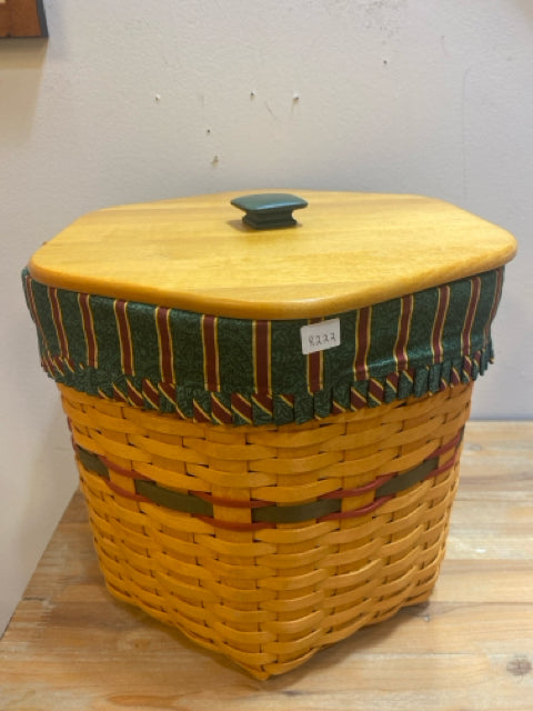 Tall Green and Red Longaberger Basket with Wooden Lid