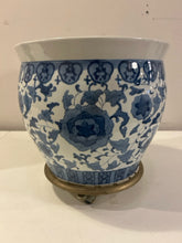 Load image into Gallery viewer, Blue & White Ceramic Planter on Wheeled Stand