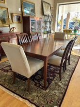 Load image into Gallery viewer, Mission Style Dining Room Table, Three 18"  Leaves & Pads, 2 Upholstered Parson Chairs and 4 Side Chairs from Ethan Allen