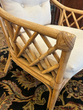 Load image into Gallery viewer, Blonde Rattan Armchair with Cream Herringbone Upholstery