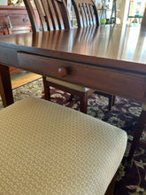Load image into Gallery viewer, Mission Style Dining Room Table, Three 18"  Leaves & Pads, 2 Upholstered Parson Chairs and 4 Side Chairs from Ethan Allen