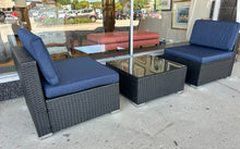 Load image into Gallery viewer, NEW Pair of Woven  Outdoor Chairs with Navy Cushions & Glass Top Woven Coffee Table