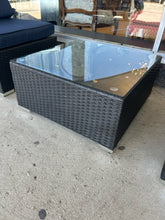 Load image into Gallery viewer, NEW Pair of Woven  Outdoor Chairs with Navy Cushions & Glass Top Woven Coffee Table