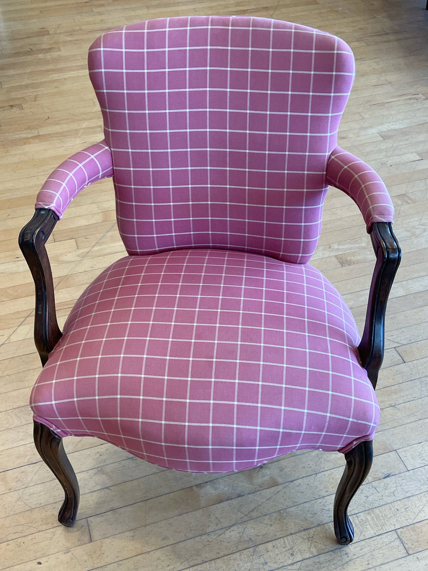 Petite Arm Chair with Raspberry & Yellow Window Pane Upholstery