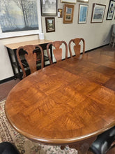 Load image into Gallery viewer, Oval Parquet Top Dining Table, Three 20" Leaves & Pads, 2 Arm and 6 Side Black Upholstered Chairs from Henredon Furniture