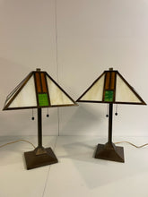 Load image into Gallery viewer, Pair of Tiffany Style Table Lamps with Mission Style Lamp Shades & Bronze Base
