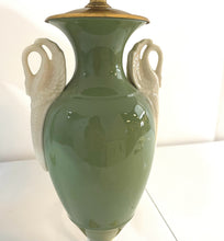 Load image into Gallery viewer, Pair of Green Neoclassical Porcelain Urn Lamps with Swan Handles and Brass Base