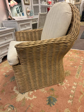 Load image into Gallery viewer, Rounded Back Rattan Armchair wth Cream Herringbone Upholstery