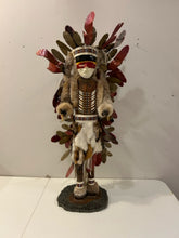 Load image into Gallery viewer, Artist Created Indian with  Ceremonial Metal Feathered Headdress &amp; Fur Clothing on Granite Base, Signed by Artist
