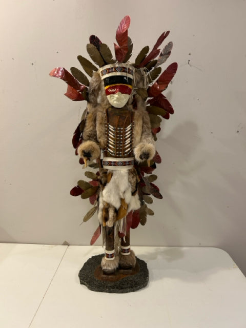 Artist Created Indian with  Ceremonial Metal Feathered Headdress & Fur Clothing on Granite Base, Signed by Artist