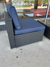 Load image into Gallery viewer, NEW Pair of Woven  Outdoor Chairs with Navy Cushions & Glass Top Woven Coffee Table