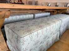 Load image into Gallery viewer, Custom Upholstered Sea Foam Green Bench on Wheels