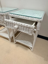 Load image into Gallery viewer, Pair of White Wicker Nightstands with Glass Tops
