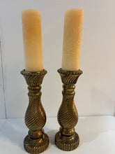 Load image into Gallery viewer, Pair of Gold Swirled Candleholders with Candles