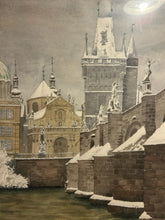 Load image into Gallery viewer, Framed Watercolor Charles Bridge in Prague Covered in Snow