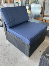 Load image into Gallery viewer, NEW Pair of Woven  Outdoor Chairs with Navy Cushions & Glass Top Woven Coffee Table