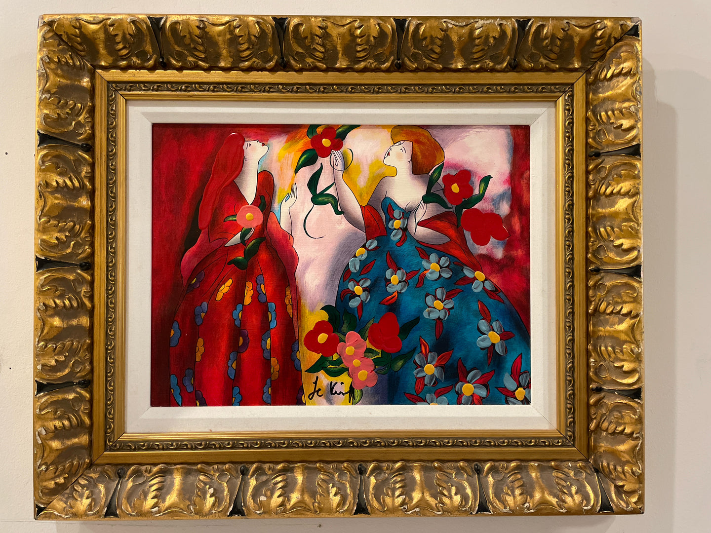 Wall Art of Colorful Ladies, Signed and Numbered in Gold Frame