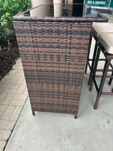 Load image into Gallery viewer, NEW Woven Outdoor Bar with Glass Top and Shelf & Two Stools with Light Tan Cushions