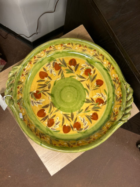 Yellow, Cream and Orange Round French Ceramic Tray with Twisted Handles