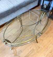 Load image into Gallery viewer, Oval Glass Top Coffee Table with Gold Leaf Metal Base
