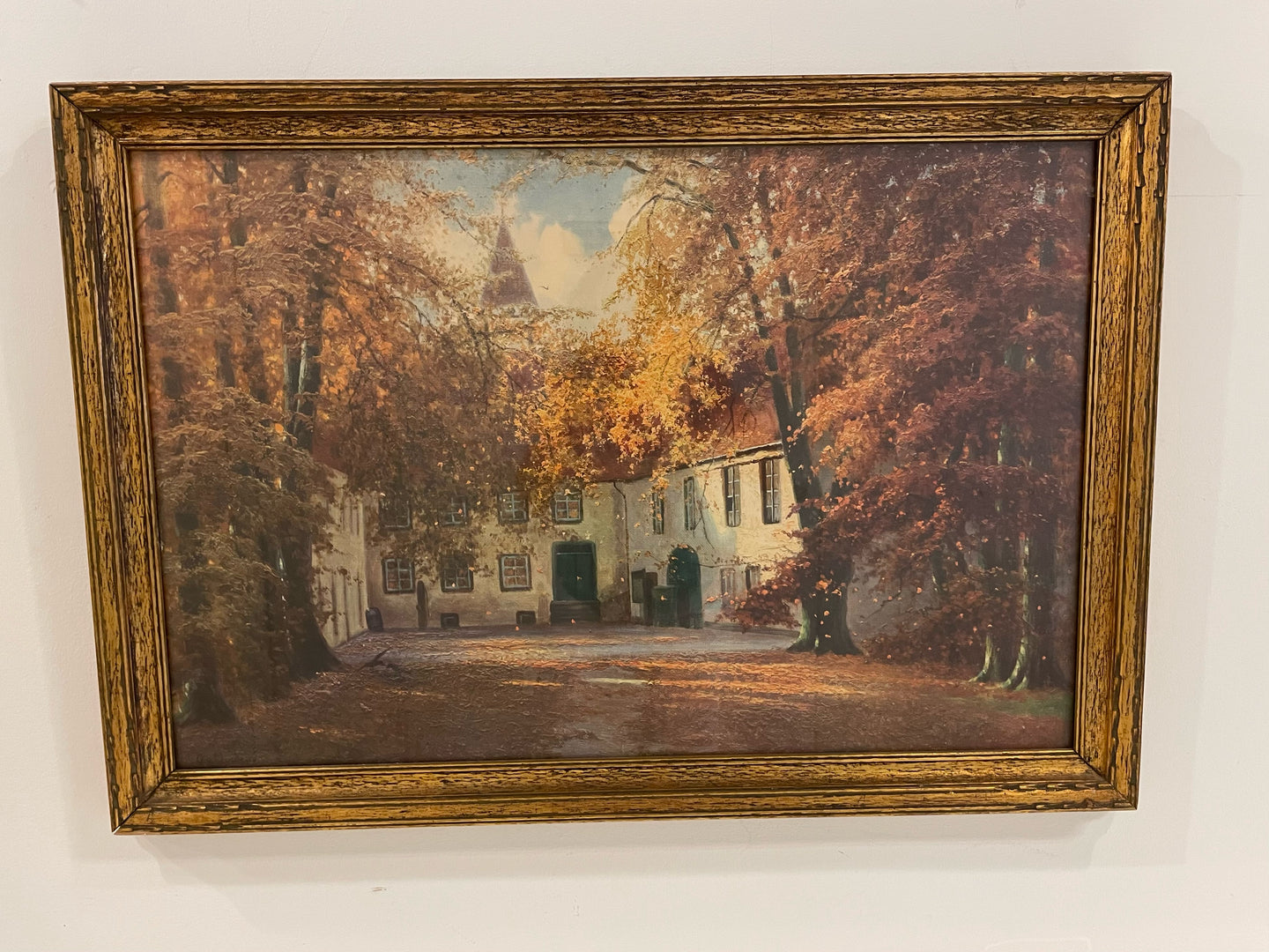 Print of Courtyard in the Fall in Gold Frame
