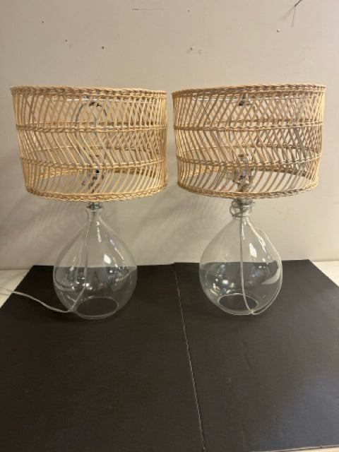 Pair of Glass Lamps with Rattan Shades