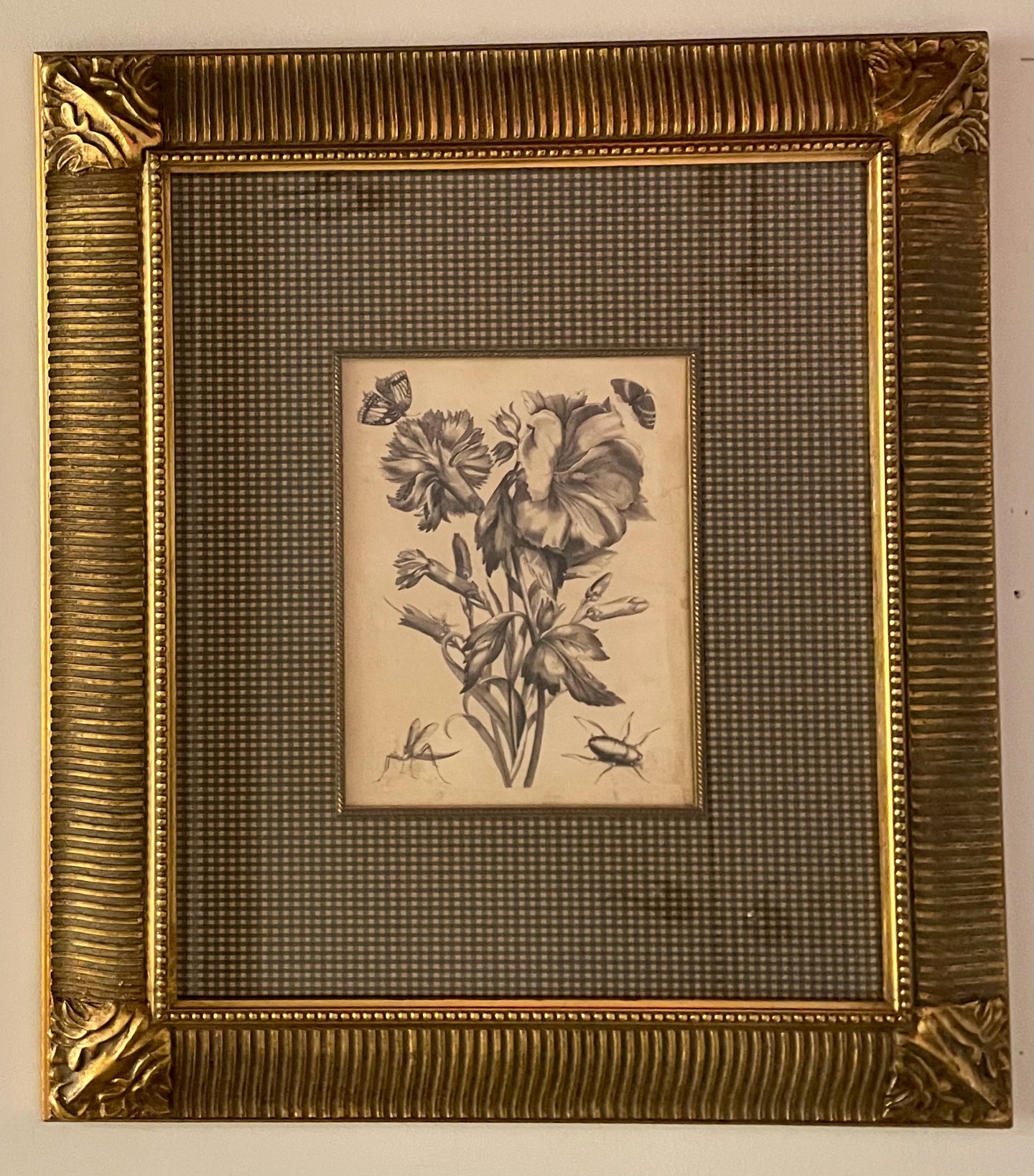 Floral Print with  Gingham Matte in Gold Frame II