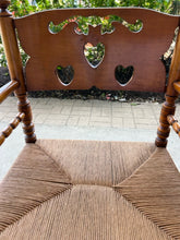 Load image into Gallery viewer, Pair of Vintage Turned Wood &amp; Rattan Arm Chairs with Cutout Backs
