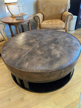 Load image into Gallery viewer, Round Leather Ottoman with  Black Wood Base from Century Furniture Co.
