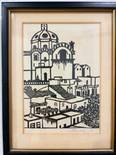 Load image into Gallery viewer, Black and White Woodblock Print of Mediterranean Village by Stieglitz, signed
